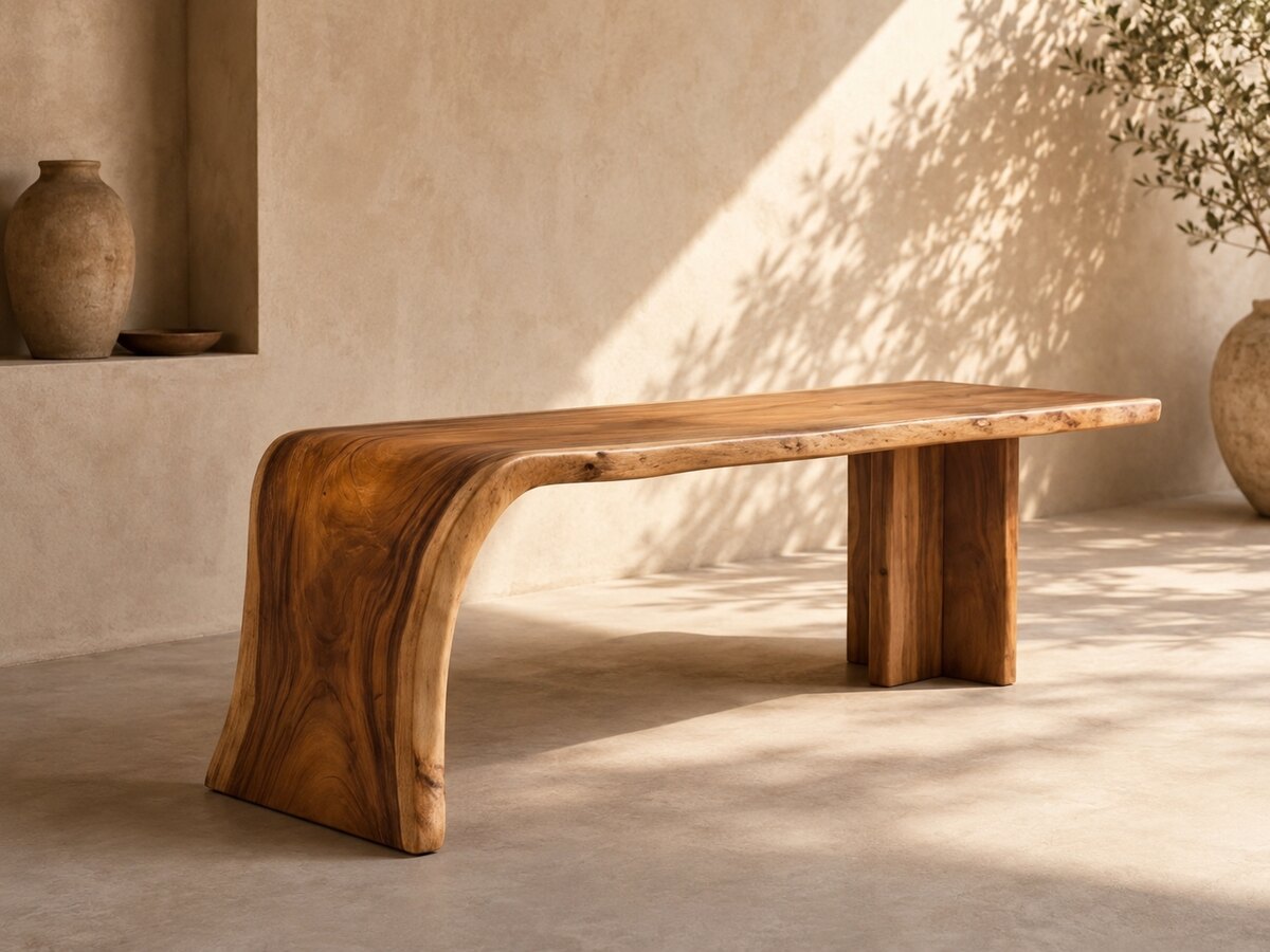 The Cascade — a Suar dining table whose top folds over the end and falls unbroken to the floor