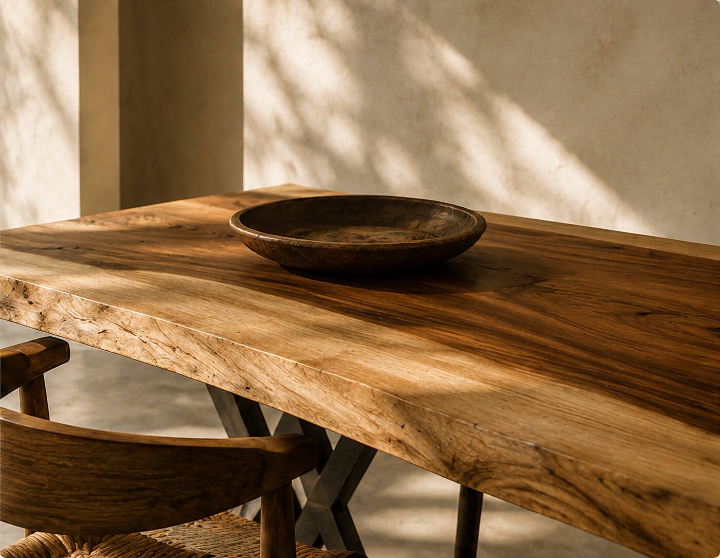 The lit surface of a live-edge Suar tabletop, its grain running the length of the slab, a dark carved bowl standing on it against warm plaster