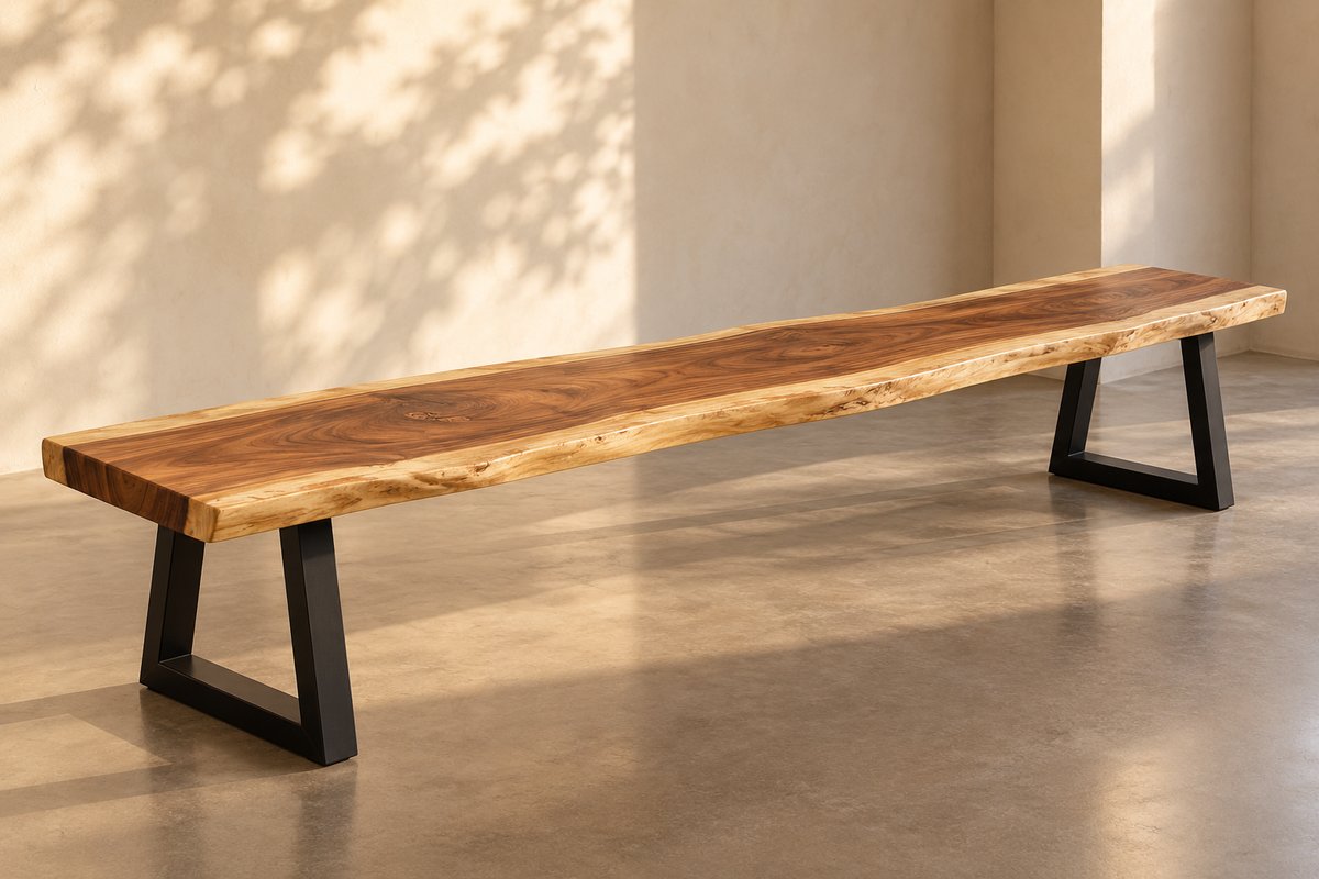 Estuary live-edge suar wood bench with black steel trapezoid legs
