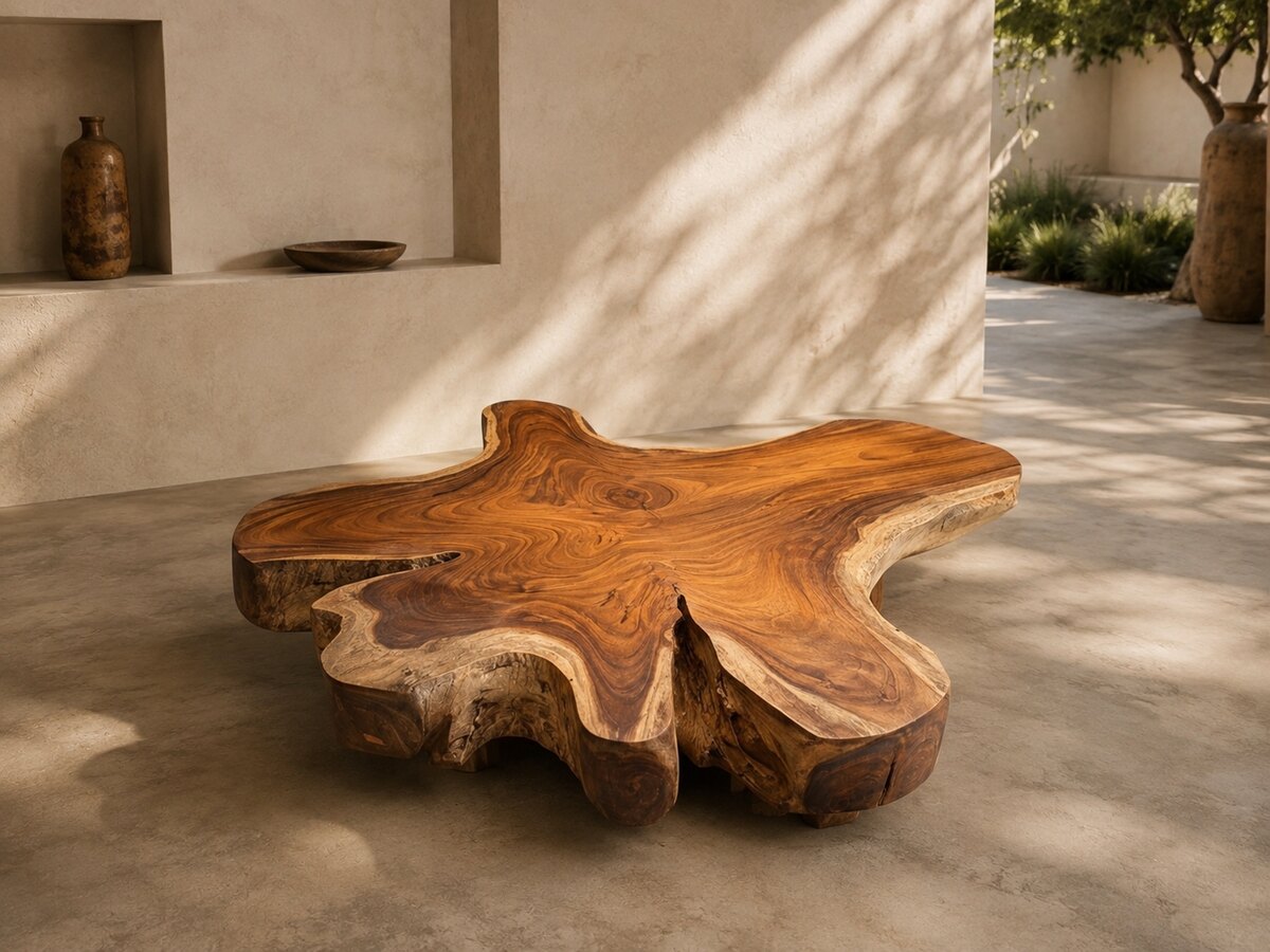 The Lagoon — a free-form Suar coffee table, the whole outline of the trunk left where it ended