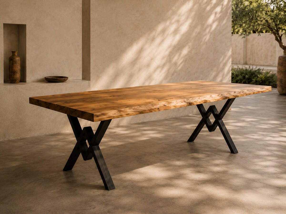 The Ravine — a long live-edge oak dining table on blackened steel X-frames, an olive tree beyond the opening